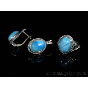 Кольцо и серьги с агатом тонированным, цвет голубой