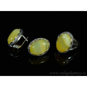 Кольцо и серьги с агатом тонированным, цвет желтый