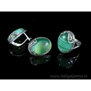 Кольцо и серьги с агатом тонированным, цвет зеленый