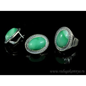 Кольцо и серьги с агатом тонированным, цвет зеленый