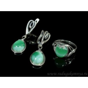 Кольцо и серьги с агатом тонированным, цвет зеленый