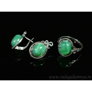 Кольцо и серьги с агатом тонированным, цвет зеленый