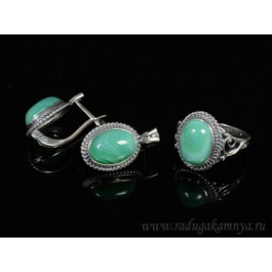 Кольцо и серьги с агатом тонированным, цвет зеленый