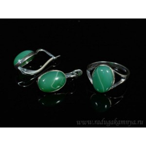 Кольцо и серьги с агатом тонированным, цвет зеленый