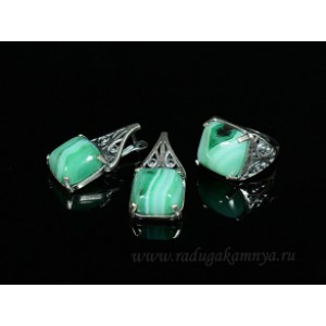Кольцо и серьги с агатом тонированным, цвет зеленый