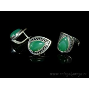 Кольцо и серьги с агатом тонированным, цвет зеленый.