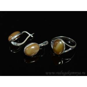 Кольцо и серьги с агатом тонированным, цвет кофе