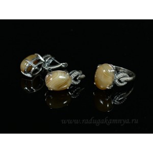 Кольцо и серьги с агатом тонированным, цвет кофе .