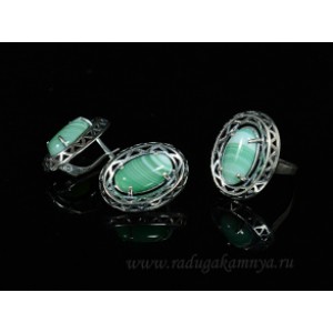 Кольцо и серьги с агатом тонированным, цвет свет.зеленый .