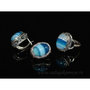 Кольцо и серьги с агатом тонированным, цвет синий .