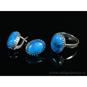 Кольцо и серьги с агатом тонированным, цвет синий