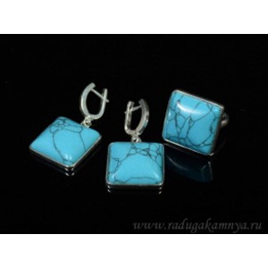 Кольцо и серьги с бирюзой (имитация) в посеребрении квадрат 22*мм.