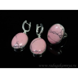 Кольцо и серьги с кахолонгом (имитация) в посеребрении овал 20*27мм розовый.