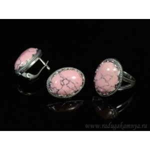 Кольцо и серьги с кахолонгом (имитация), цвет  розовый