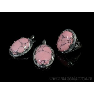 Кольцо и серьги с кахолонгом (имитация), цвет  розовый