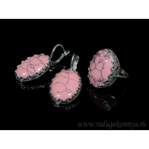Кольцо и серьги с кахолонгом (имитация), цвет  розовый