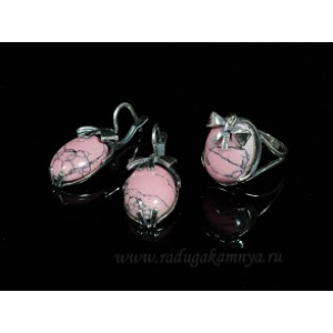 Кольцо и серьги с кахолонгом (имитация), цвет  розовый