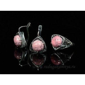 Кольцо и серьги с кахолонгом (имитация), цвет  розовый