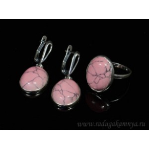 Кольцо и серьги с кахолонгом (имитация), цвет  розовый