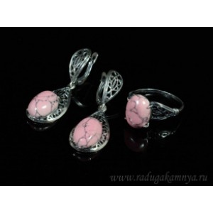 Кольцо и серьги с кахолонгом (имитация), цвет  розовый