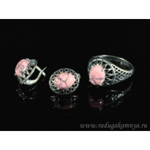 Кольцо и серьги с кахолонгом (имитация), цвет розовый