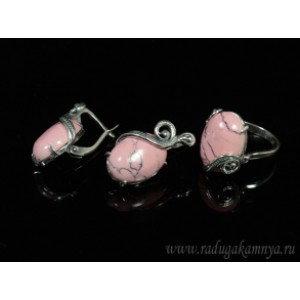 Кольцо и серьги с кахолонгом (имитация), цвет розовый