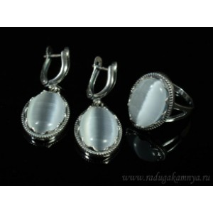 Кольцо и серьги с кошачьим глазом, цвет белый