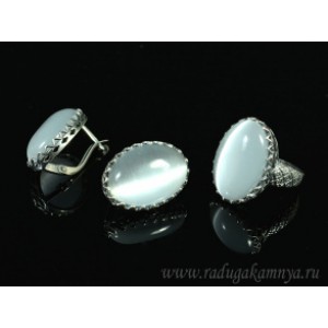 Кольцо и серьги с кошачьим глазом, цвет белый