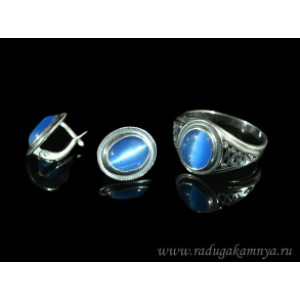 Кольцо и серьги с кошачьим глазом, цвет голубой