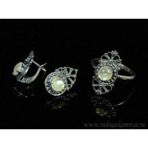 Кольцо и серьги с кошачьим глазом, цвет желтый