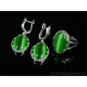 Кольцо и серьги с кошачьим глазом, цвет зеленый