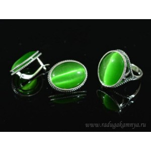 Кольцо и серьги с кошачьим глазом, цвет зеленый