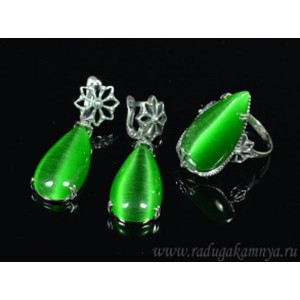 Кольцо и серьги с кошачьим глазом, цвет зеленый