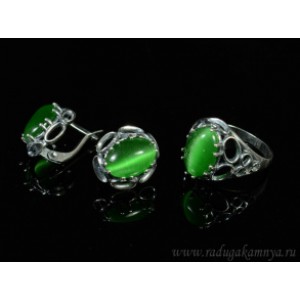 Кольцо и серьги с кошачьим глазом, цвет зеленый