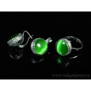 Кольцо и серьги с кошачьим глазом, цвет зеленый