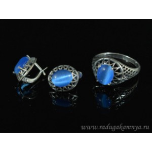 Кольцо и серьги с кошачьим глазом, цвет лазурный