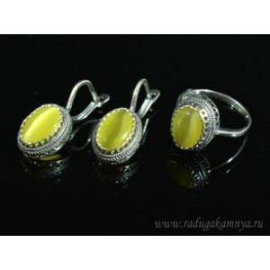 Кольцо и серьги с кошачьим глазом, цвет олива