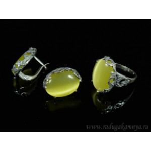 Кольцо и серьги с кошачьим глазом, цвет олива
