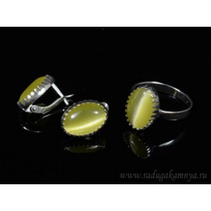 Кольцо и серьги с кошачьим глазом, цвет олива