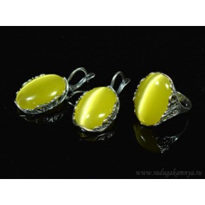 Кольцо и серьги с кошачьим глазом, цвет олива