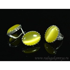 Кольцо и серьги с кошачьим глазом, цвет олива