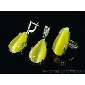 Кольцо и серьги с кошачьим глазом, цвет олива