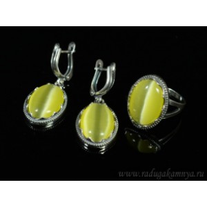 Кольцо и серьги с кошачьим глазом, цвет олива