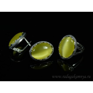 Кольцо и серьги с кошачьим глазом, цвет олива