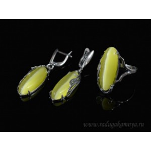 Кольцо и серьги с кошачьим глазом, цвет олива