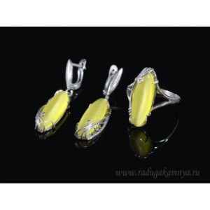 Кольцо и серьги с кошачьим глазом, цвет олива