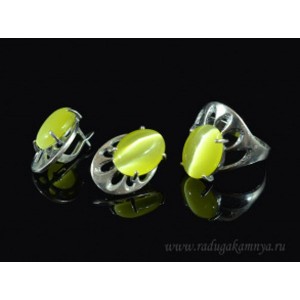 Кольцо и серьги с кошачьим глазом, цвет олива