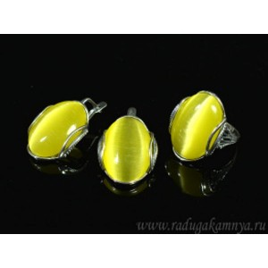 Кольцо и серьги с кошачьим глазом, цвет олива