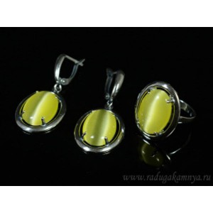 Кольцо и серьги с кошачьим глазом, цвет олива