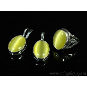 Кольцо и серьги с кошачьим глазом, цвет олива